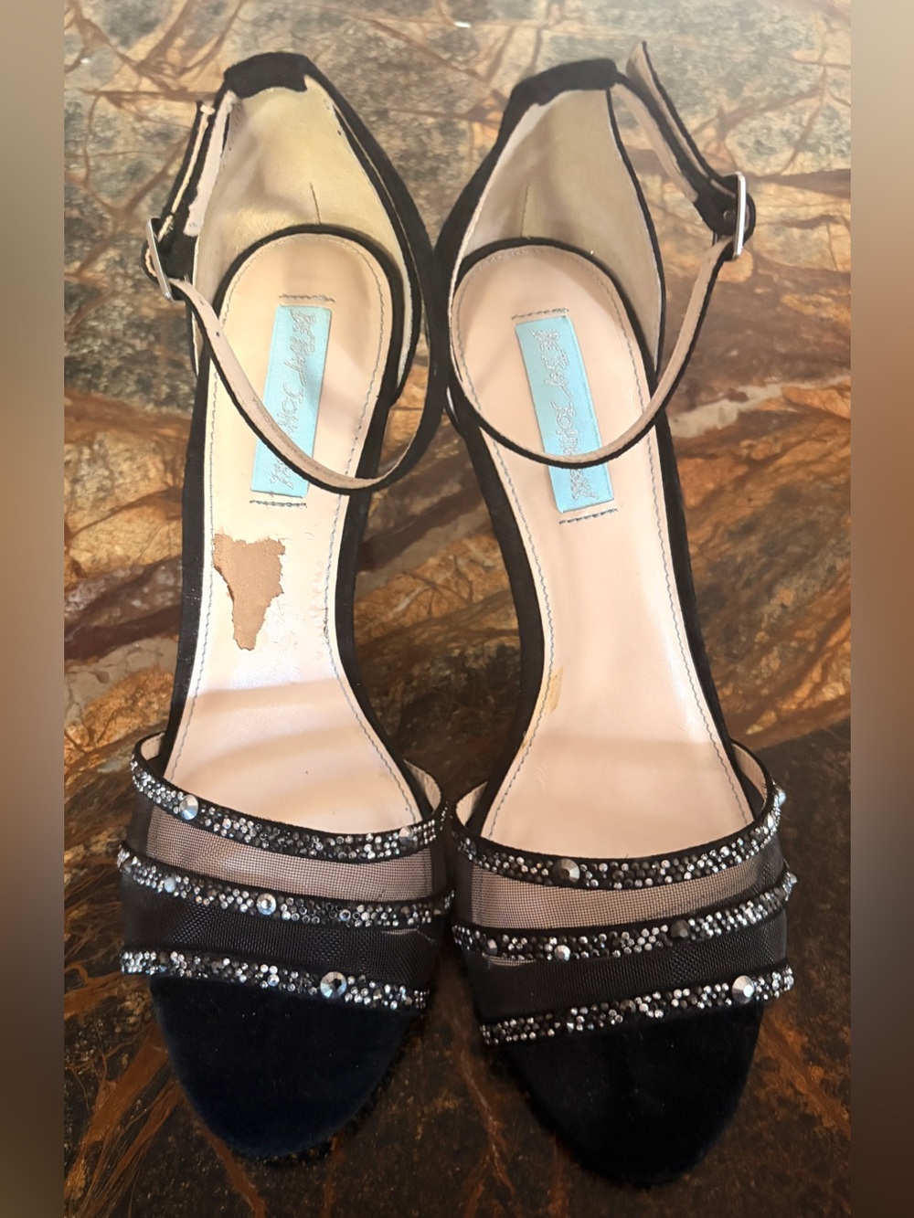 Betsy Johnson Black Embellished Open-Toe Heels